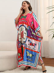 Boho Cover Up Women's Plus Horse Print Bat Sleeve V Neck Loose S