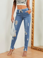 Distressed Denim Pants Raw Trim Drawstring Elastic Waist
