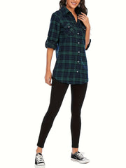 Plaid Print Button Up Long Sleeve Blouse