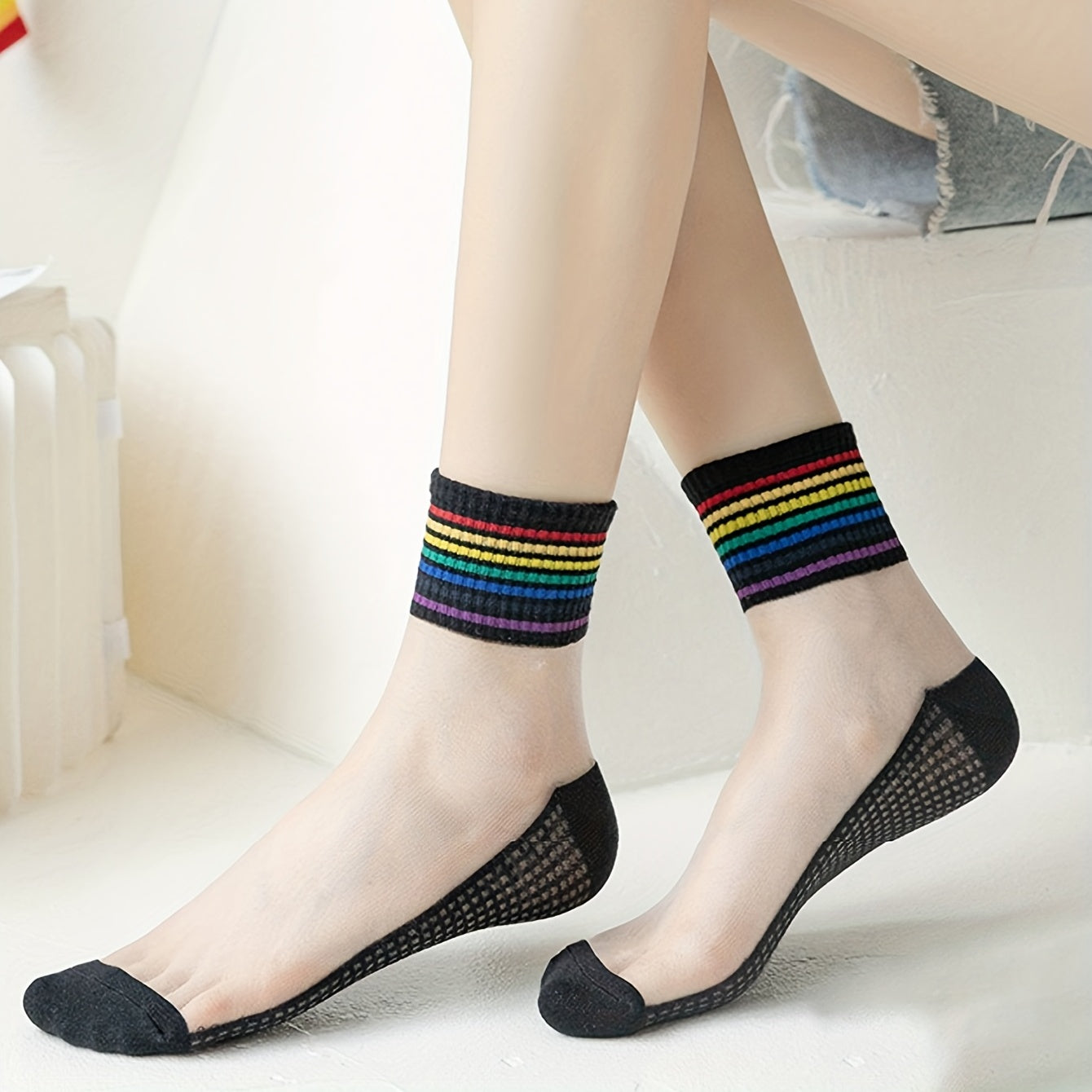 6 Pairs Rainbow Striped Crew Socks for Women