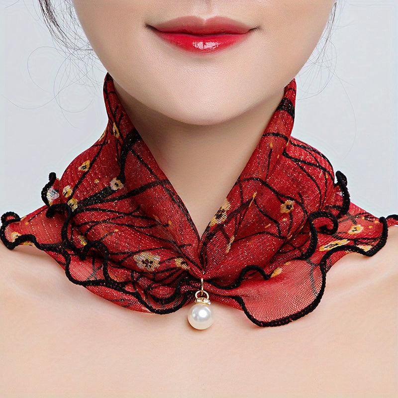 Floral Print Infinity Scarf with Faux Pearl Pendant