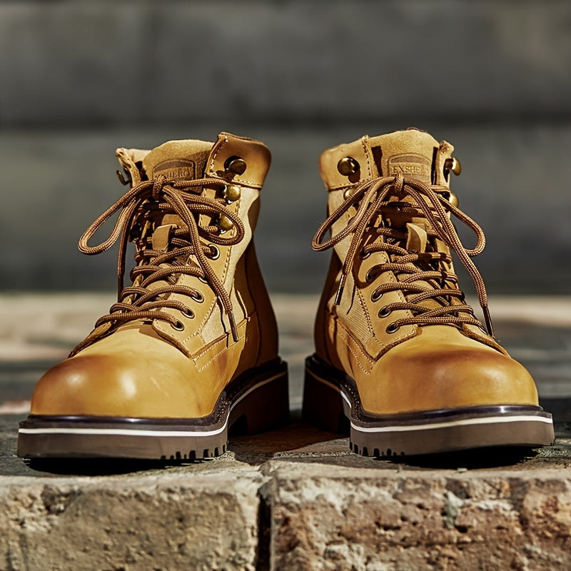 EXSHERO Men's Retro Cowhide Leather Warm Lace Up Boots Winter
