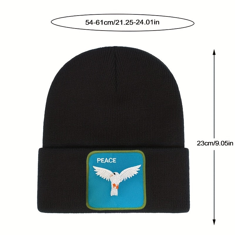 Peace Bird Embroidery Patch Beanie Solid Knit Hat Lightweight Skull Cap