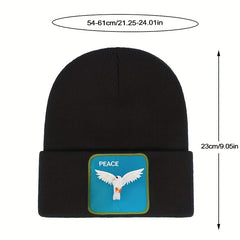 Peace Bird Embroidery Patch Beanie Solid Knit Hat Lightweight Skull Cap