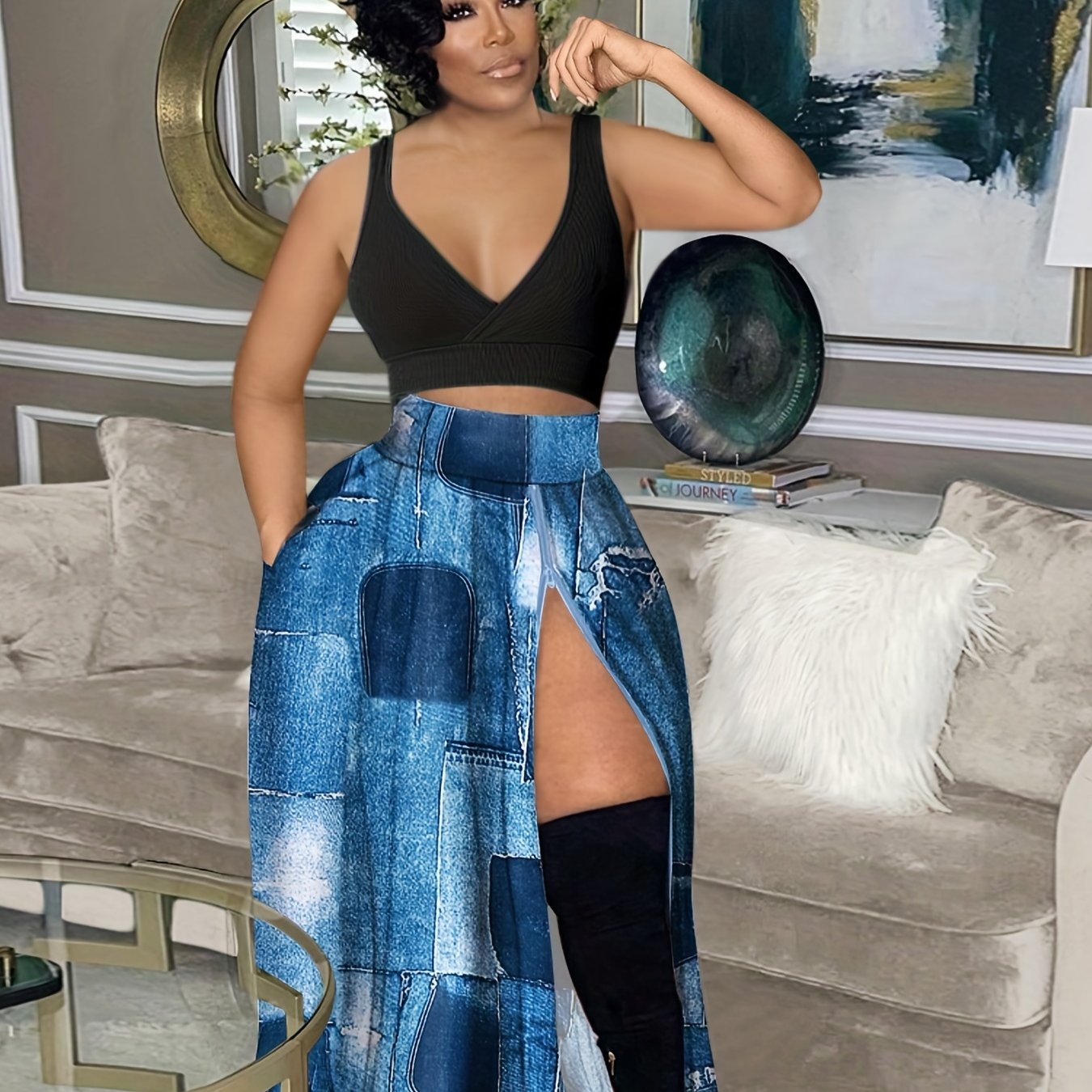 Patchwork Printed Maxi Skirt Casual Split Thigh