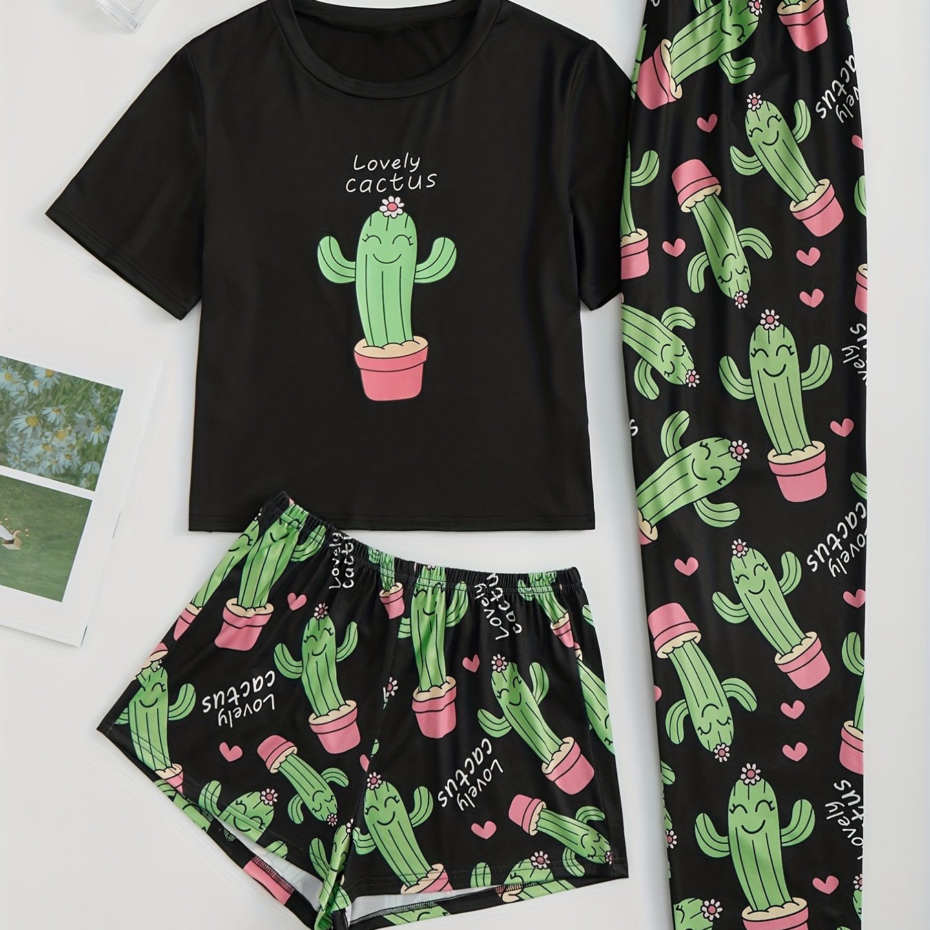 Cactus Print Pajamas Set Top & Shorts & Pants Women's Sleepwear
