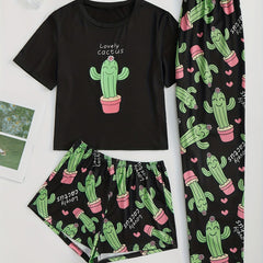 Cactus Print Pajamas Set Top & Shorts & Pants Women's Sleepwear