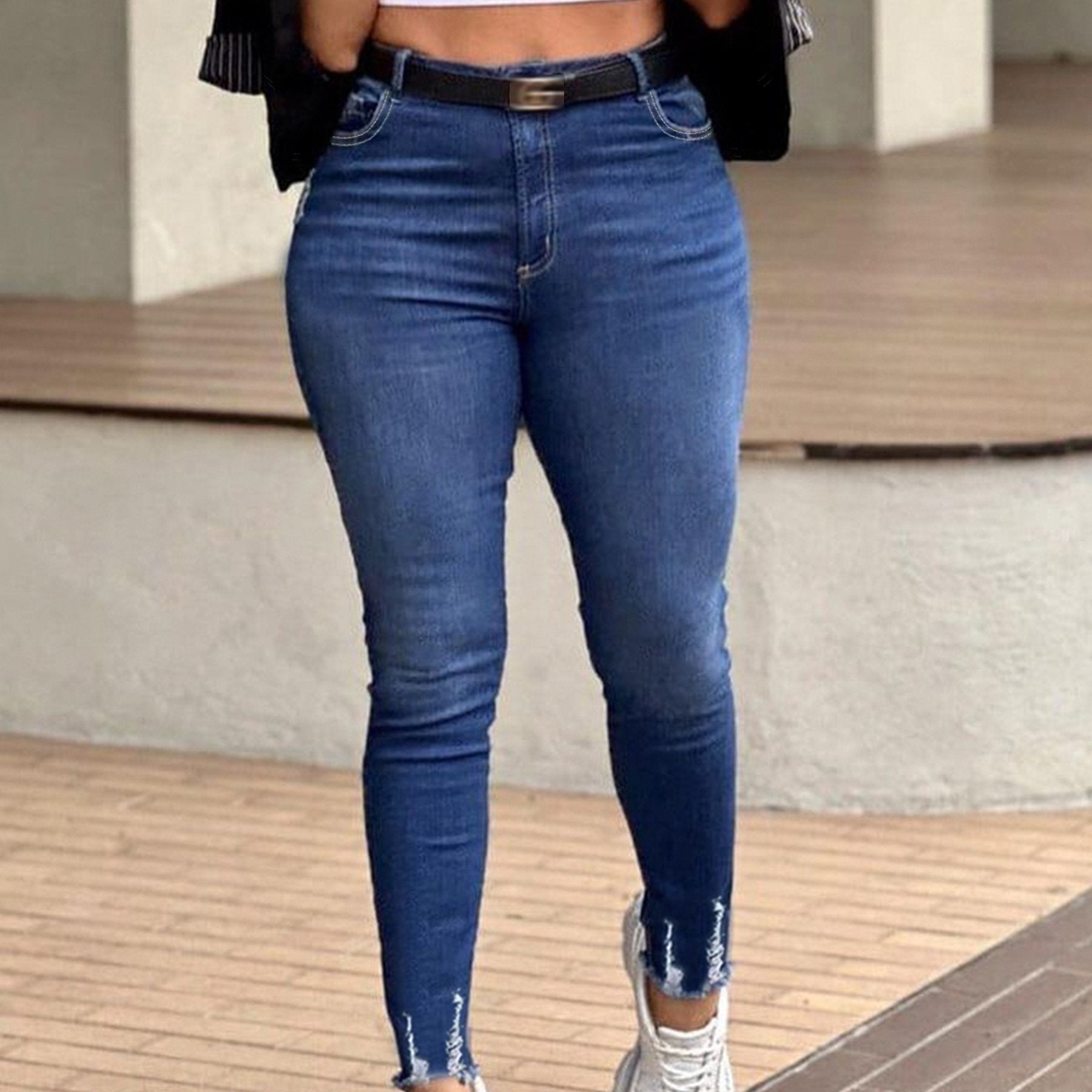 Washed Ripped Fringe Trim High Rise Skinny Jeans
