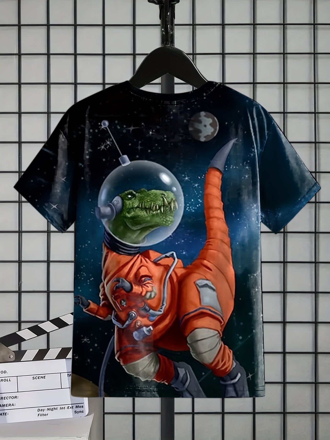 Boy's Dino Astronaut T-shirt Casual Stretch Tee for Summer