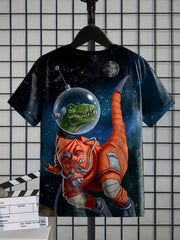 Boy's Dino Astronaut T-shirt Casual Stretch Tee for Summer