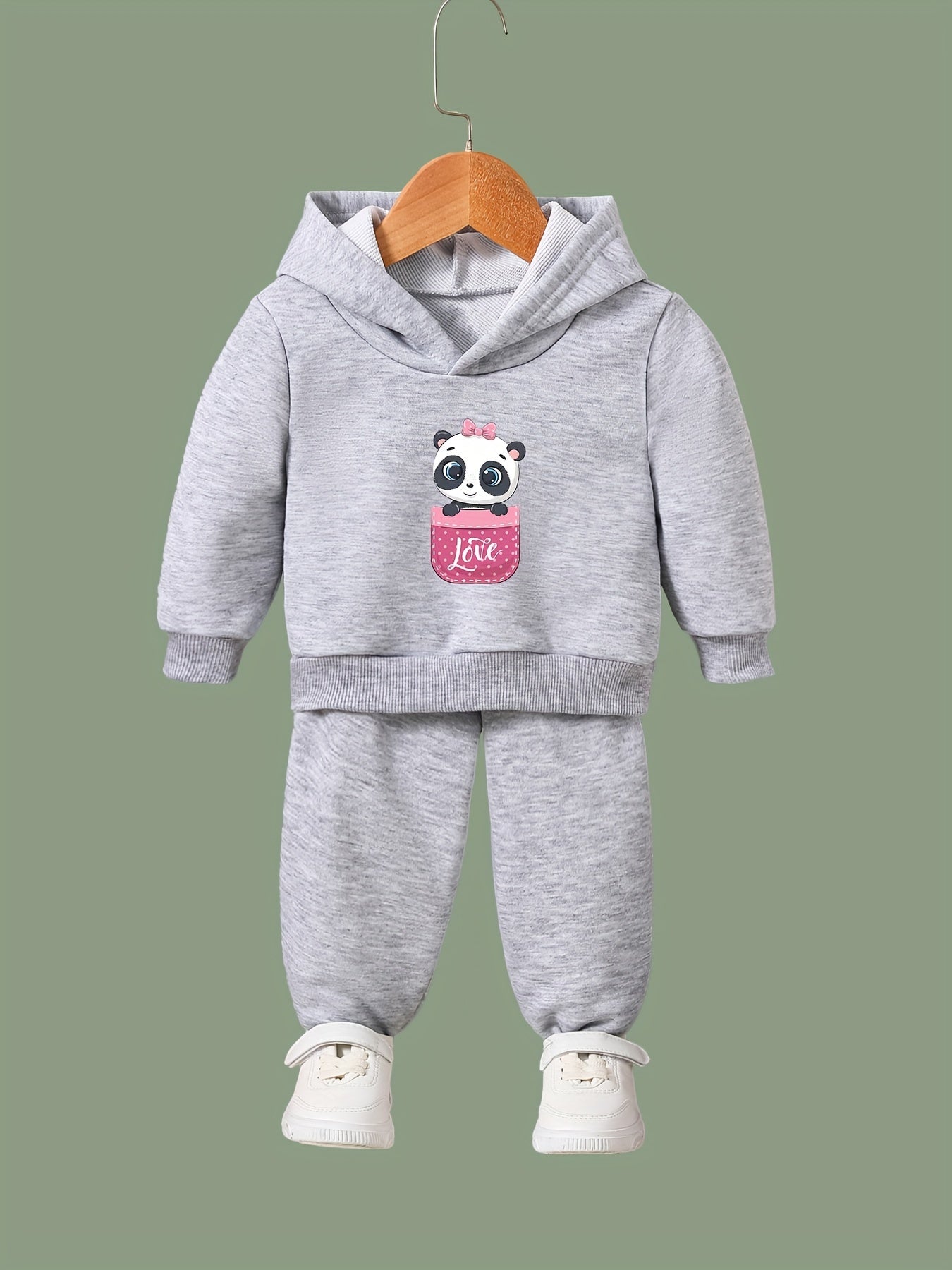 Kid's 2pcs Panda In Pocket Print Long Sleeve Outfit Hoodie & Pants Set