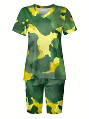 Camo Print Two piece Set V Neck Tee & Workout Shorts