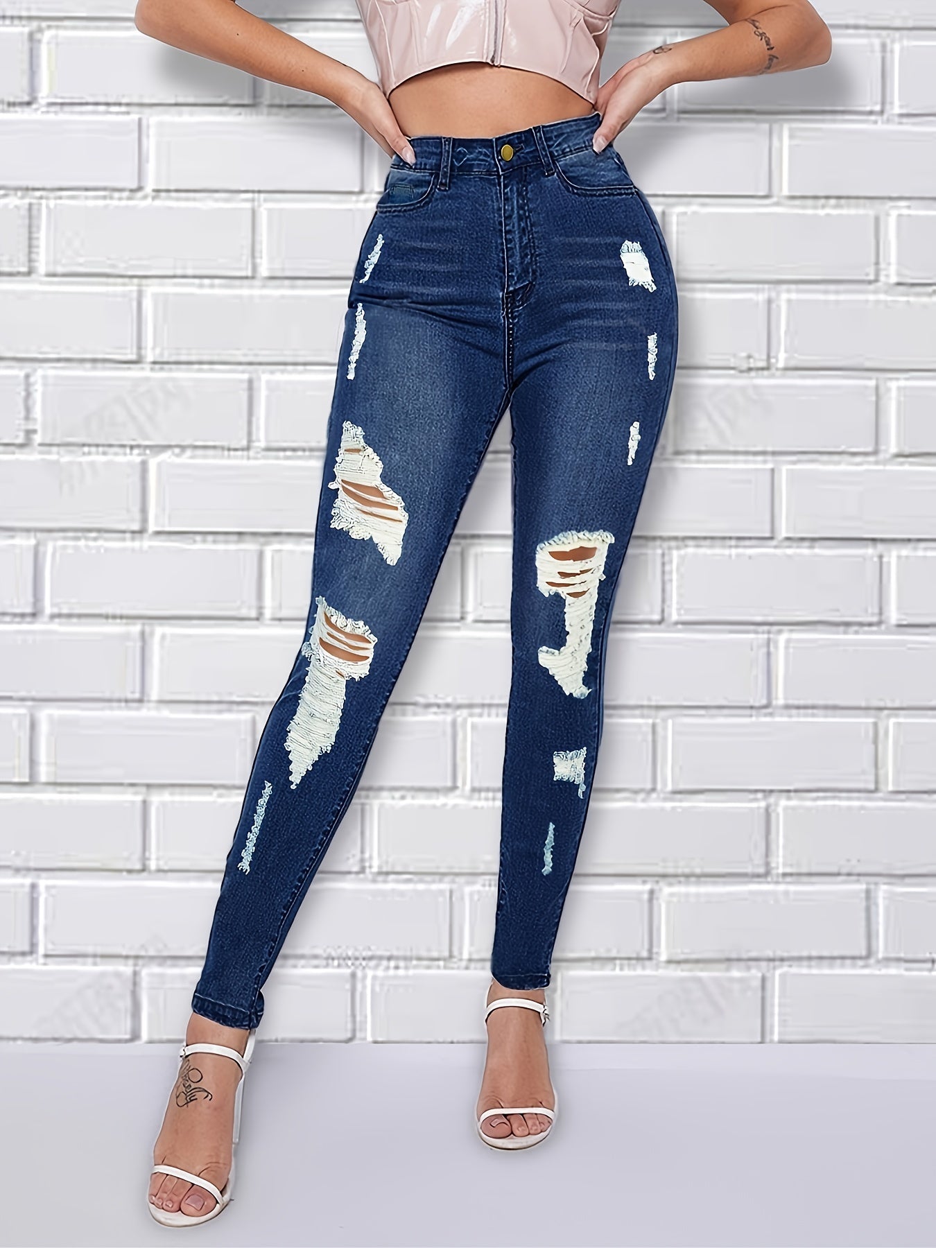 High Waist Skinny Jeans Distressed Denim Pants