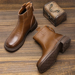 Women's Brown Chunky Heel Boots Warm Plush Lined Leather Boots