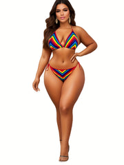 Rainbow High Leg Cut Bikini Set Stretch Vacay Swimsuit