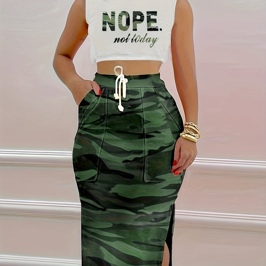 Casual Two piece Set Letter Print Top & Camo Split Skirt