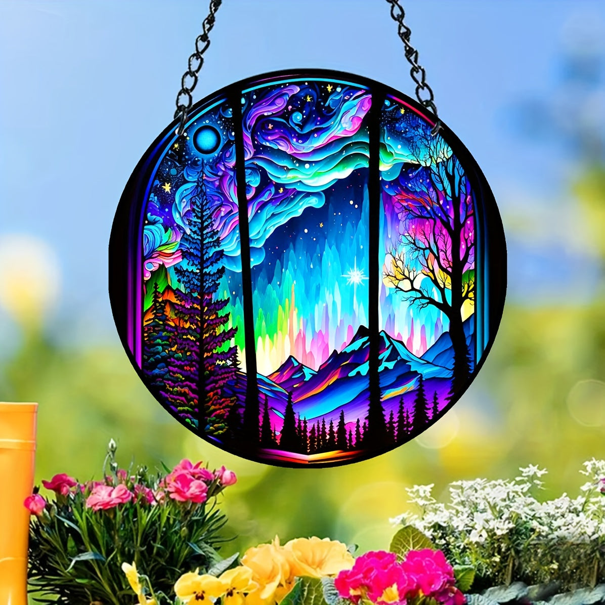 Aurora Forest Mountain Night View Suncatcher