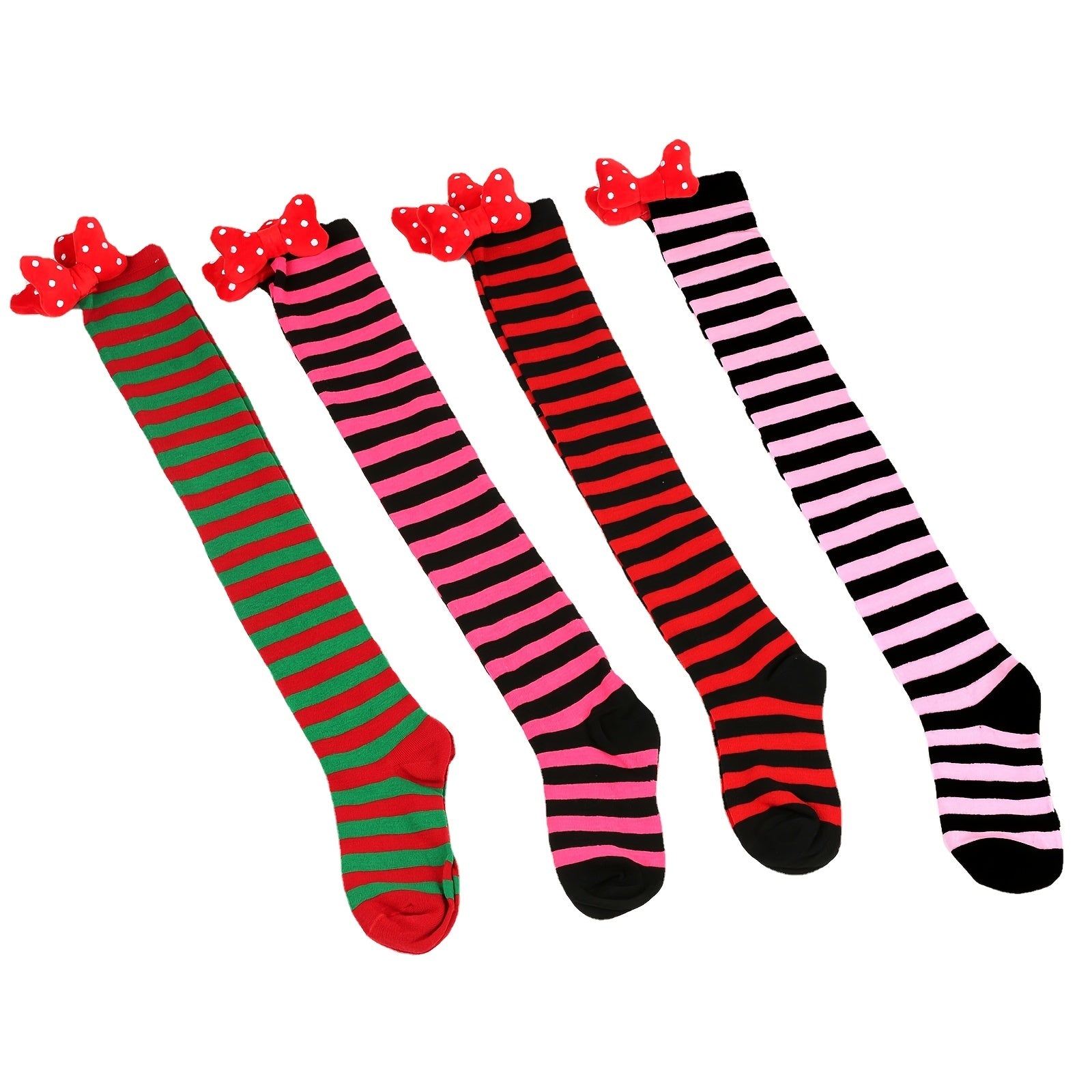 Striped Thigh High Stockings With Bow Over Knee Socks