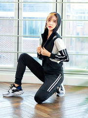 2pcs Block Causal Sports Set Hooded Jacket & Pants Women's Activewear