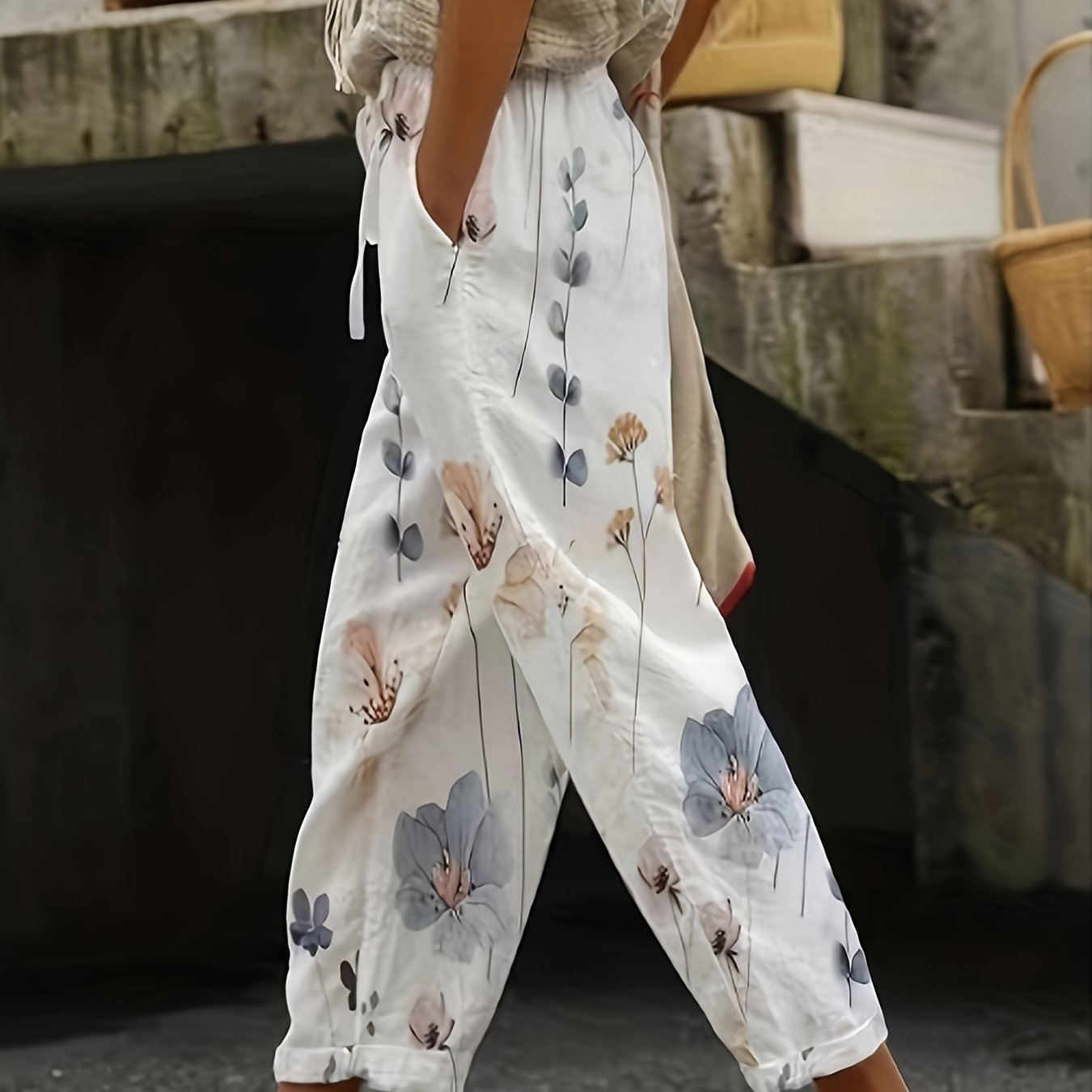 Floral Print Drawstring Pants Elastic Waist Pockets Women's Clothing