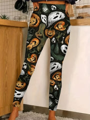 Halloween Leggings Women's Plus Funny Ghost & Pumpkin Print
