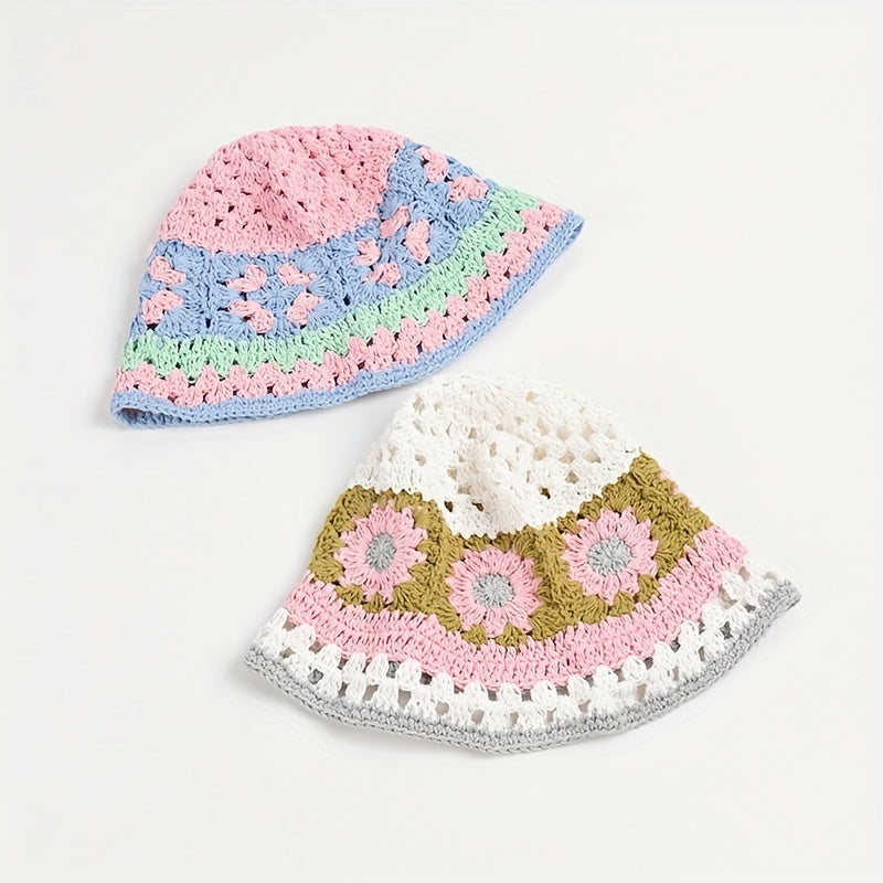 Y2K Flower Hollow Knit Bucket Hat for Women