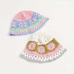 Y2K Flower Hollow Knit Bucket Hat for Women