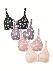 4 Pack Daisy Print Wireless Comfort Bra Set Plus Size
