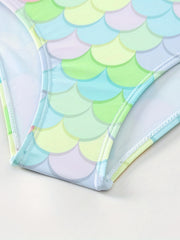 Girl's Mermaid Fish Scale Swimsuit Bikini Set Ruffle Decor Cami Top & Briefs