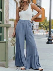 Solid Ruffle Trim High Rise Wide Leg Pants