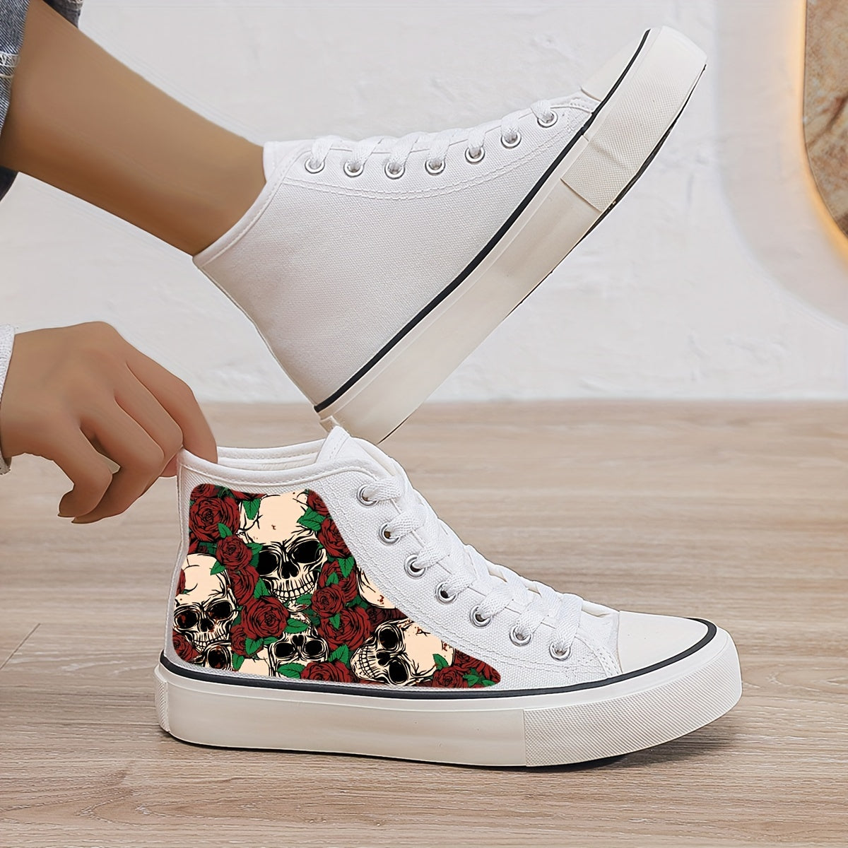 Skull & Rose Print Plush Lined Thermal Chunky Canvas Sneakers