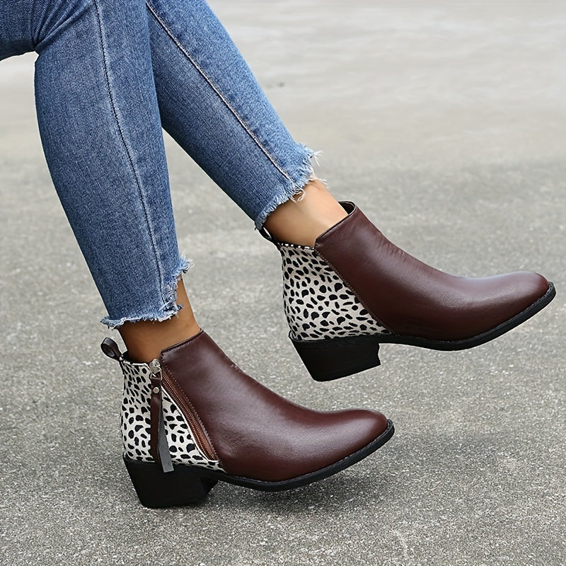Women's Chunky Heeled Ankle Boots Print Side Zipper Short Boots