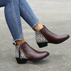 Women's Chunky Heeled Ankle Boots Print Side Zipper Short Boots