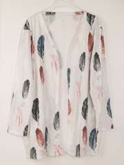 Feather Print Open Front Cardigan With Pockets