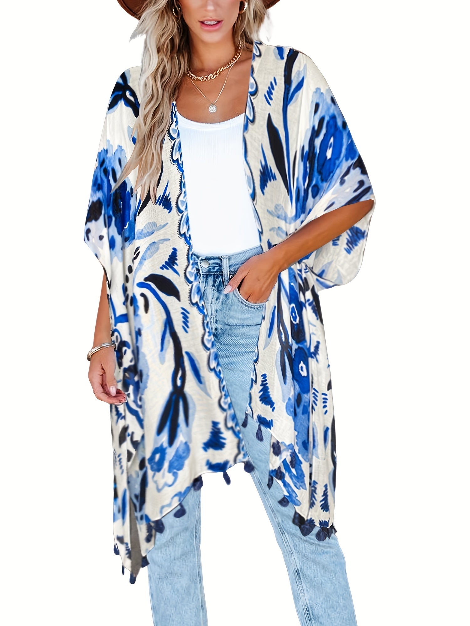 Floral Print Tassel Trim Batwing Sleeve Cover Up Kaftan
