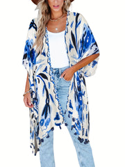 Floral Print Tassel Trim Batwing Sleeve Cover Up Kaftan