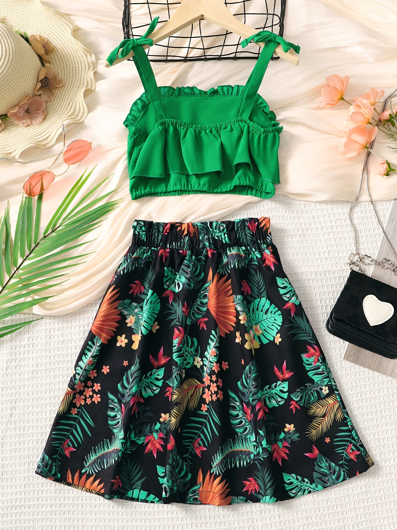 2pcs Toddler Girls Ruffle Cami Crop Tops & Leaf Skirt Set Kids Summer Clothes
