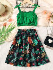 2pcs Toddler Girls Ruffle Cami Crop Tops & Leaf Skirt Set Kids Summer Clothes