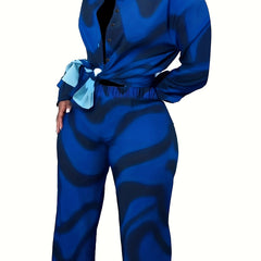 Women's Plus Abstract Stripe Print Shirt & Pants Outfit Set