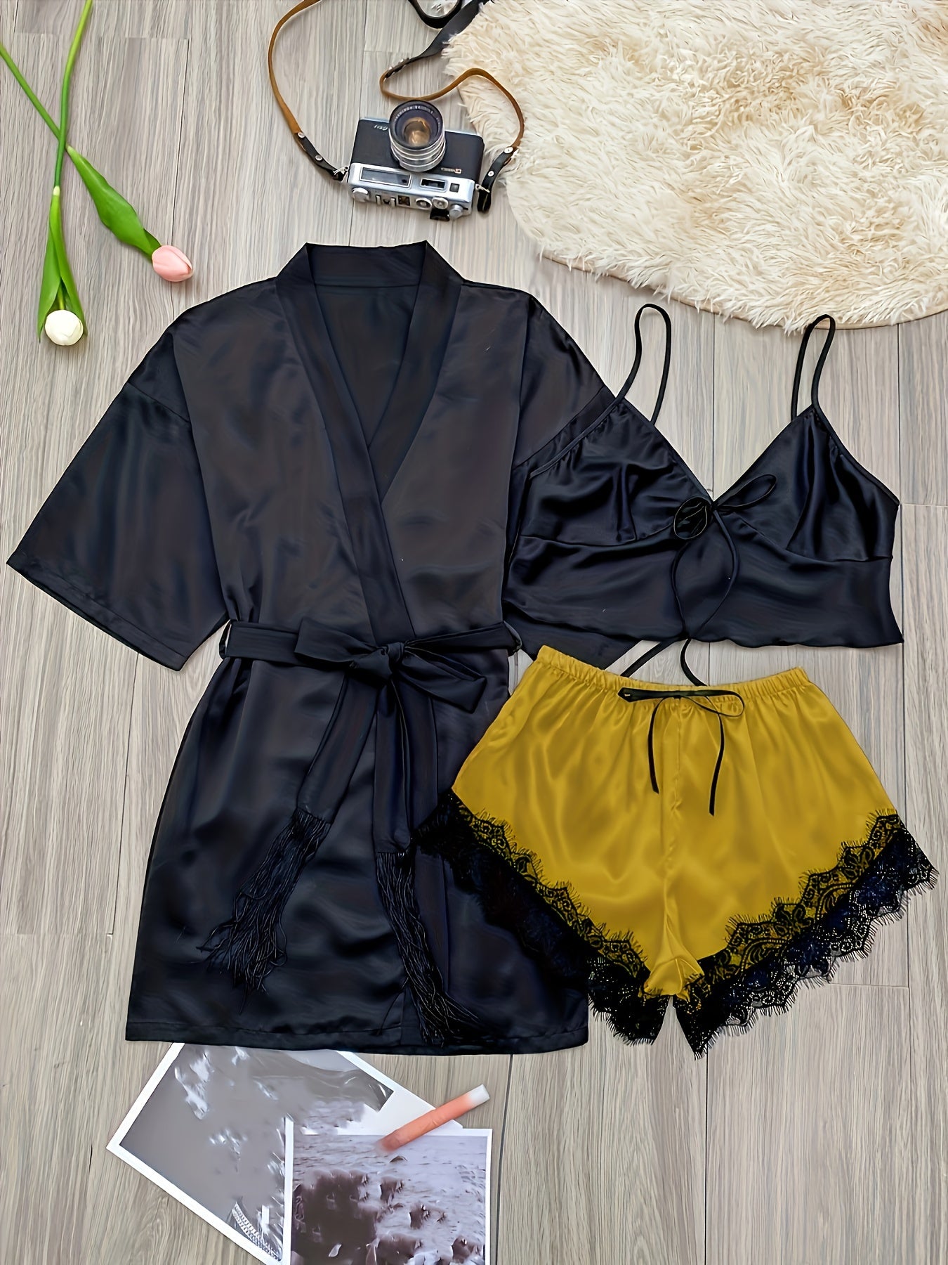 3 Piece Satin Pajama Set with Lace Trim Shorts