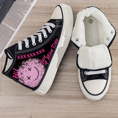Graffiti Face Print Plush Lined Sneakers