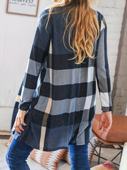 Plaid Print Long Sleeve Open Front Cardigan With Pockets