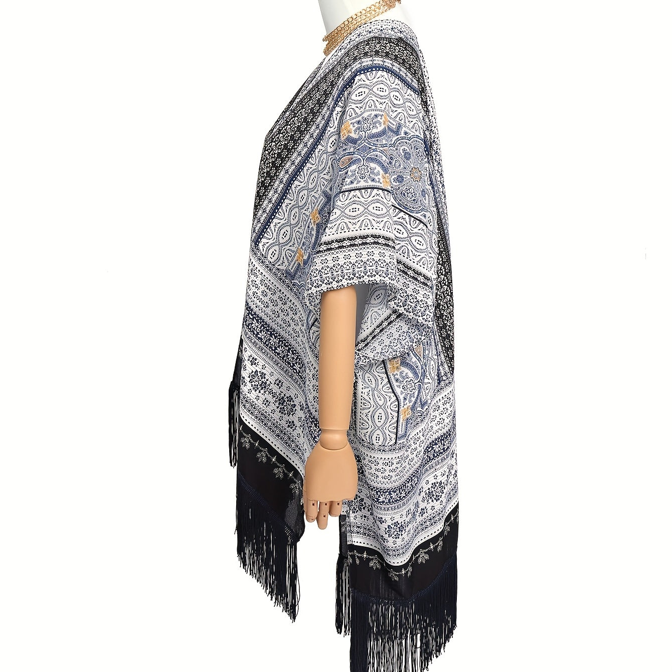 Bohemian Floral Print Shawl Long Wraps Classic Gray Windproof Cape