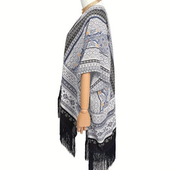 Bohemian Floral Print Shawl Long Wraps Classic Gray Windproof Cape