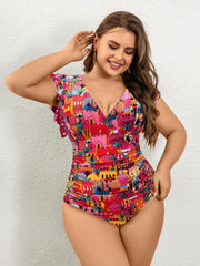 Retro Swimsuit Women's Plus Allover Print Ruched V Neck