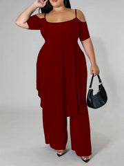Cold Shoulder Top & Wide Leg Pants Set Plus Size 2pcs Set