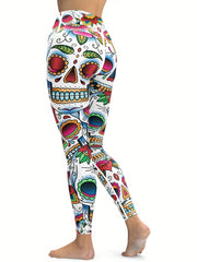 Skull And Flower Yoga Leggings For Halloween High Waist Fitness Pants