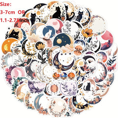 50pcs Moon Flower Cat Doodle Stickers for Laptop Guitar