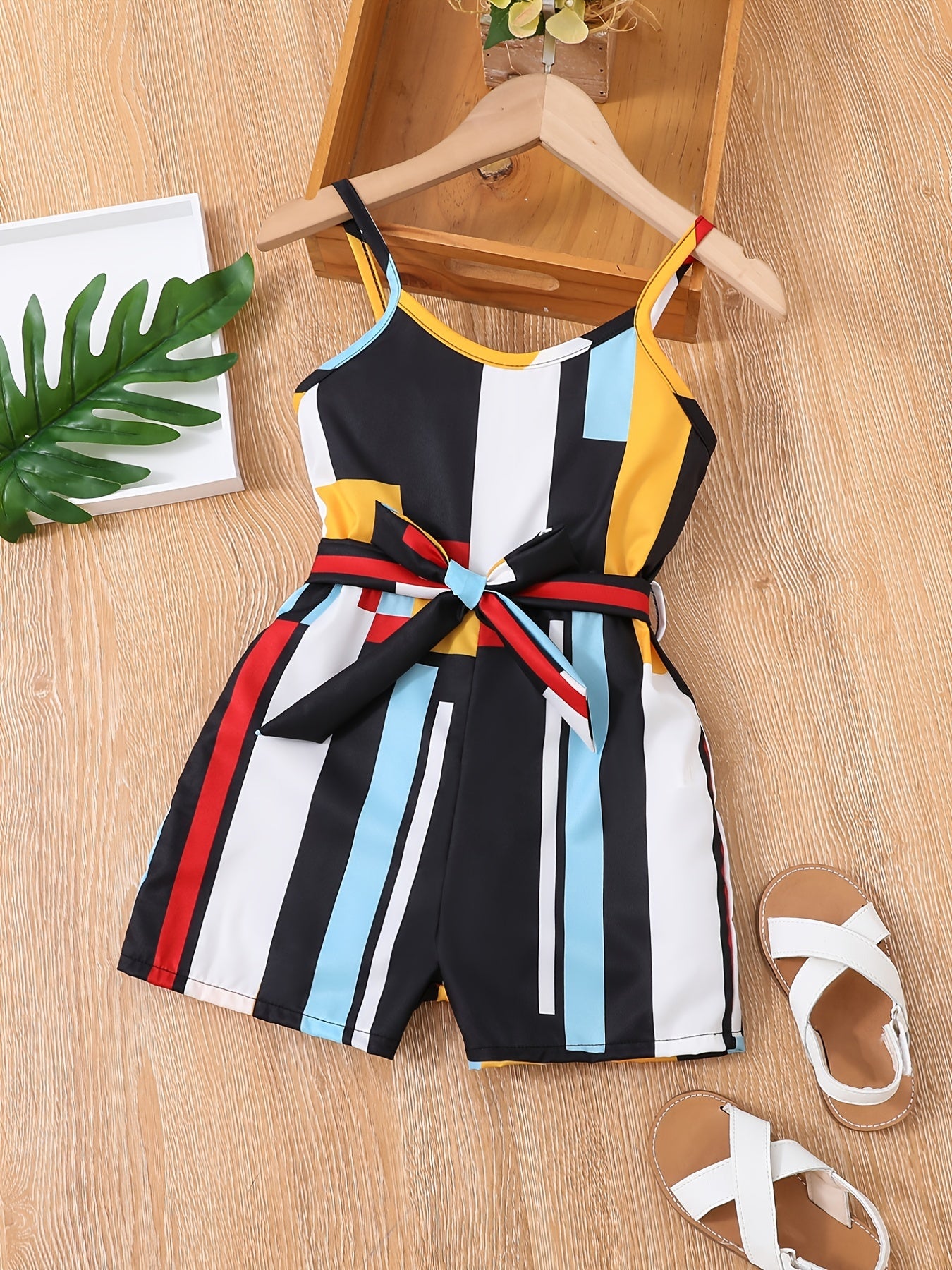 Girls Cami Romper Block Geometry Print Jumpsuit With Belt