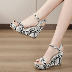 Snakeskin Wedge Sandals Ankle Strap Platform Heel